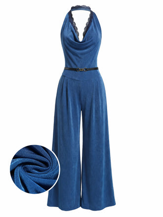 [Pre-Sale] Dark Cyan 1980s Lace V Neck Jumpsuit