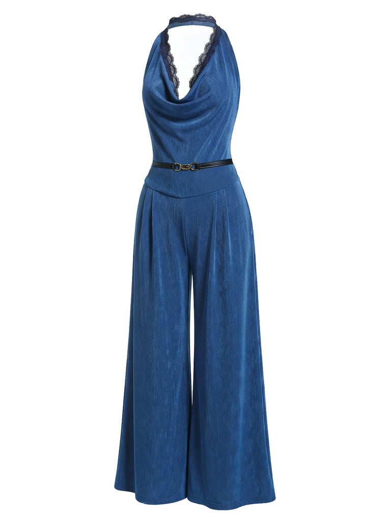 [Pre-Sale] Dark Cyan 1980s Lace V Neck Jumpsuit 3