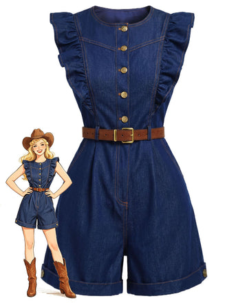 [Pre-Sale] Dark Blue 1970s Crew Neck Denim Ruffle Sleeve Belted Romper