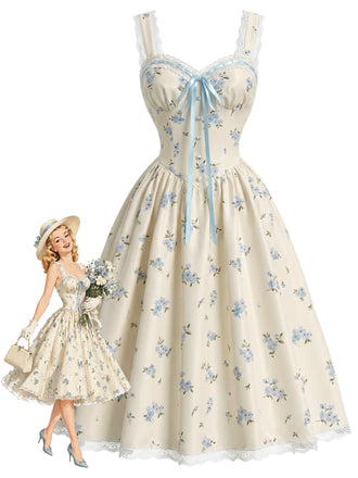 [Pre-Sale] Light Blue 1950s Polka Dot Floral Ruffle Dress