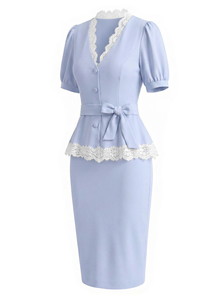 [Pre-Sale] Light Blue 1940s Lace V Neck Two Piece Set 3