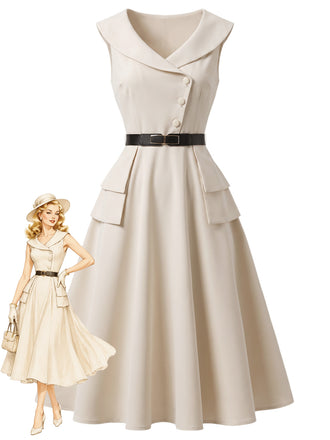 [Pre-Sale] Beige 1950s Lapel Belted Swing Dress