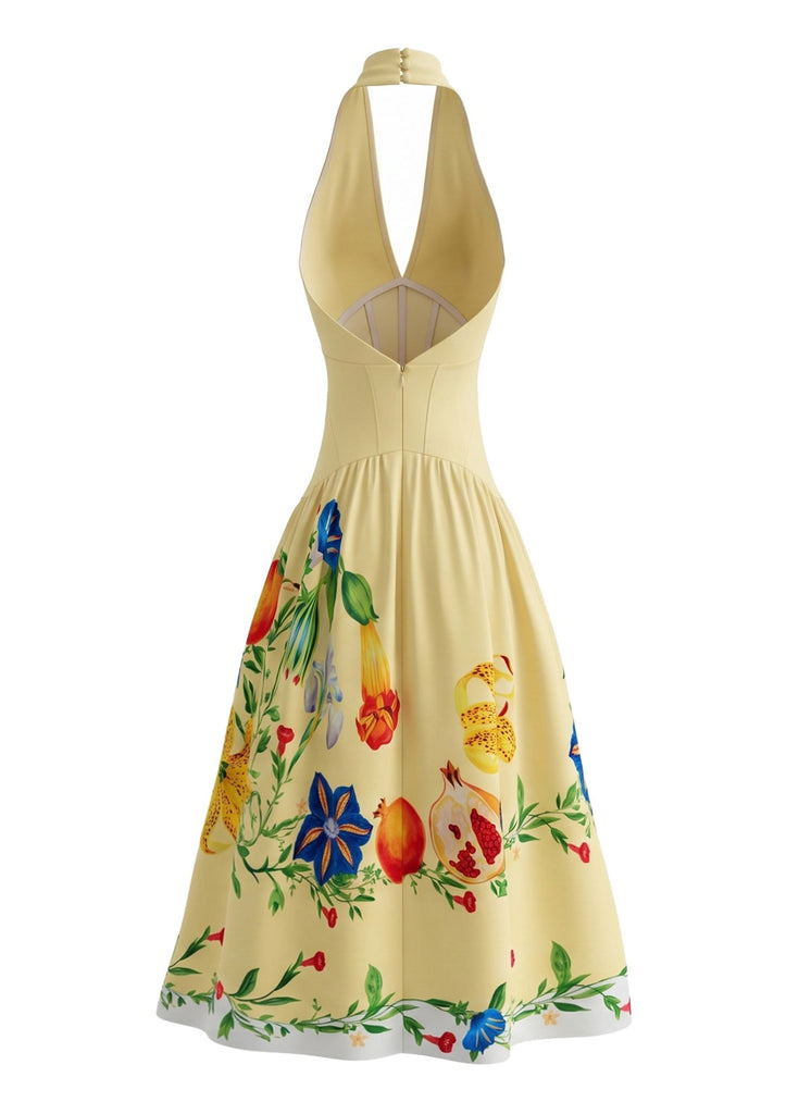 Yellow 1950s Print Halter Backless Dress 3