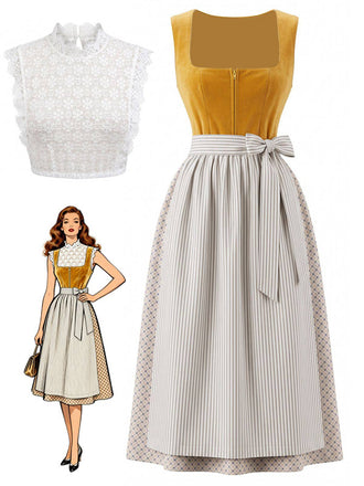 3PCS Yellow 1950s Square Neck Dress & Striped Apron  & Lace Top
