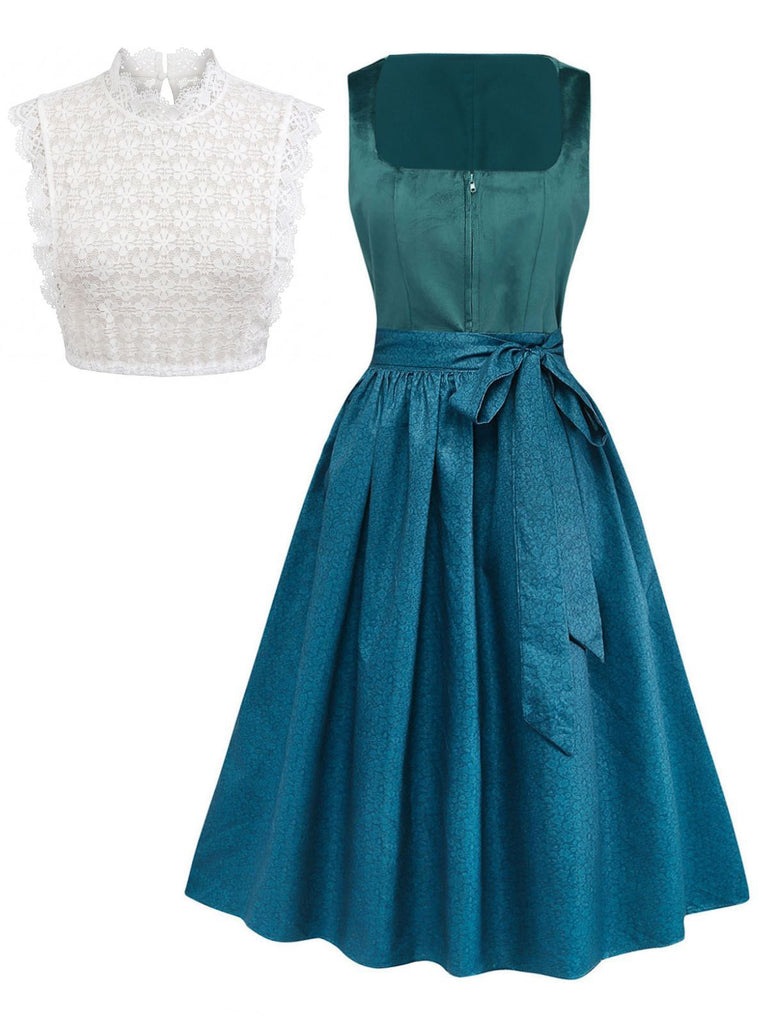 3PCS Teal 1950s Square Neck Velvet Dress & Floral Apron & Lace Top