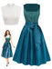 3PCS Teal 1950s Square Neck Velvet Dress & Floral Apron & Lace Top