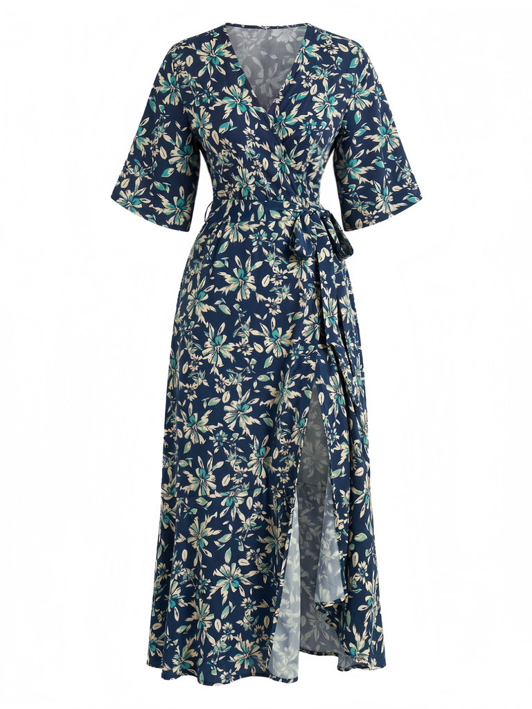 1970s Floral V Neck Vintage Dress