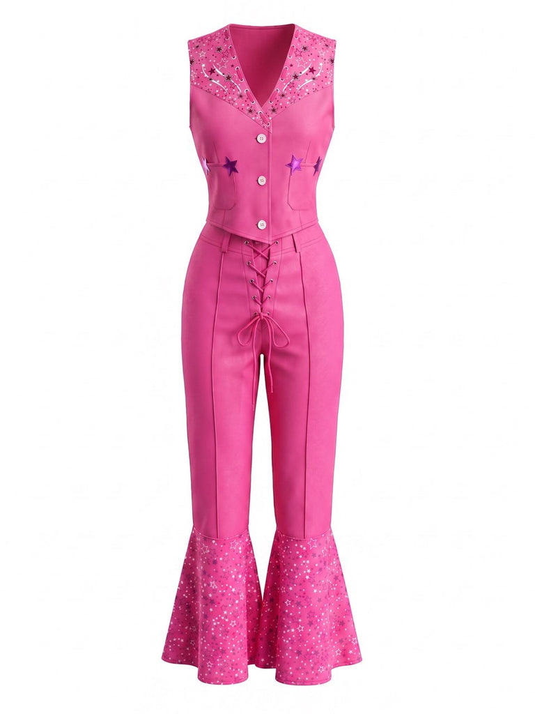 Pink 1970s Vintage V Neck Two Piece Set 2