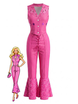 2PCS Pink 1970s Barbie V-Neck Top & Flare Pants