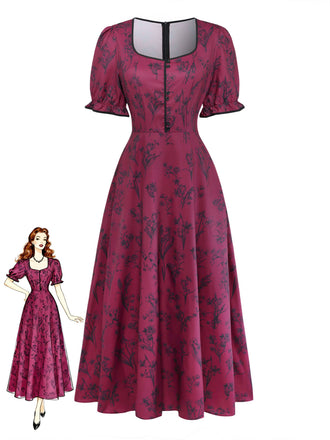 Wine Red 1940s Floral Print Square Neck Maxi Dress