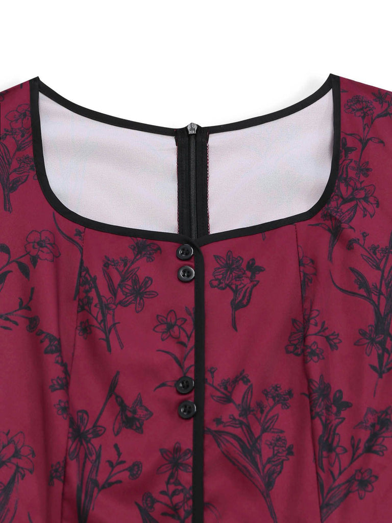 Wine Red 1940s Floral Print Square Neck Maxi Dress, vintage dress, retro fashion, floral print - perfect for women who love vintage and retro fashion