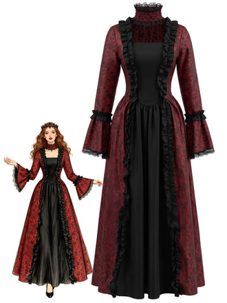 1930s Victorian Gothic Bell Sleeve Floral Maxi Dress