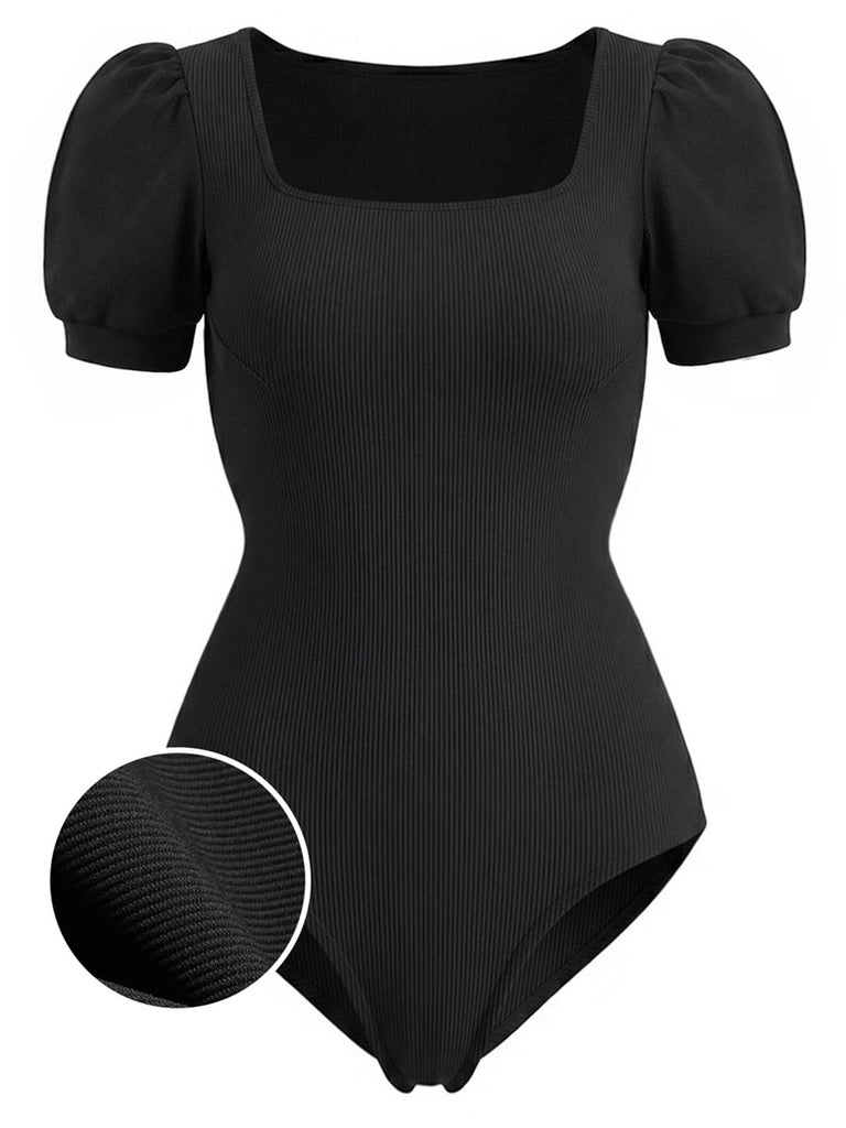 [Pre-Sale] Black 1950s Square Neck Puff Sleeve Ribbed Bodysuit