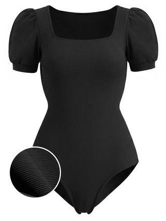 [Pre-Sale] Black 1950s Square Neck Puff Sleeve Ribbed Bodysuit