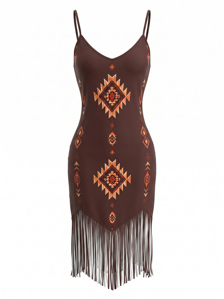 Brown 1960s Vintage V Neck Spaghetti Strap Dress 1