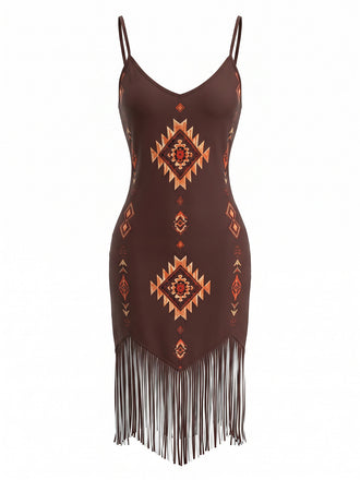 Brown 1960s Vintage V Neck Spaghetti Strap Dress 1