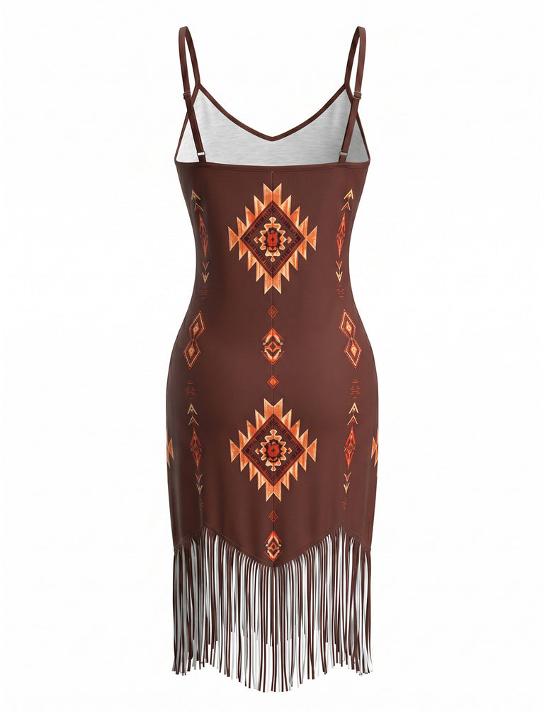 Brown 1960s Vintage V Neck Spaghetti Strap Dress 2