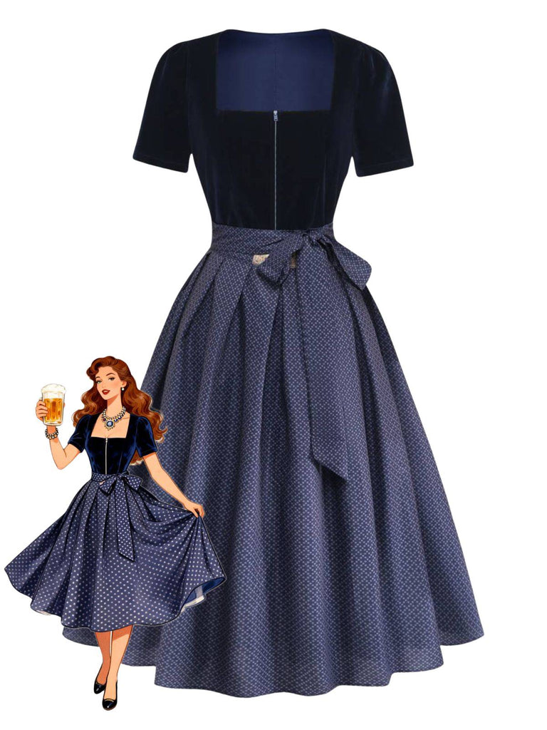 2PCS Blue 1950s Square Neck Velvet Dress & Polka Dot Apron
