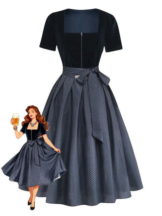 2PCS Blue 1950s Square Neck Velvet Dress & Polka Dot Apron