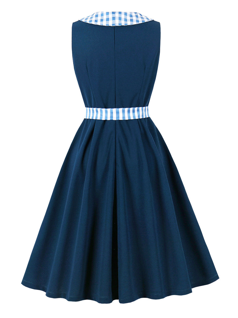 Dark Peacock Blue 1950s Plaid Patchwork Dress 2