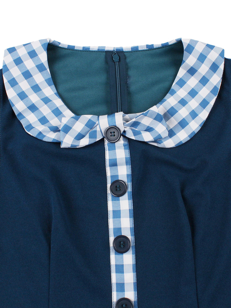 Dark Peacock Blue 1950s Plaid Patchwork Dress 7