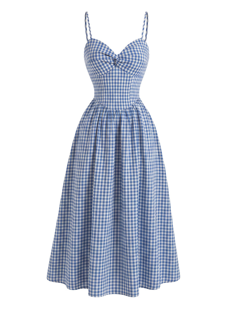 Blue 1950s Vintage Plaid Spaghetti Strap Dress 3