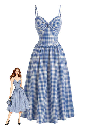 Blue 1950s Vintage Plaid Spaghetti Strap Dress 2