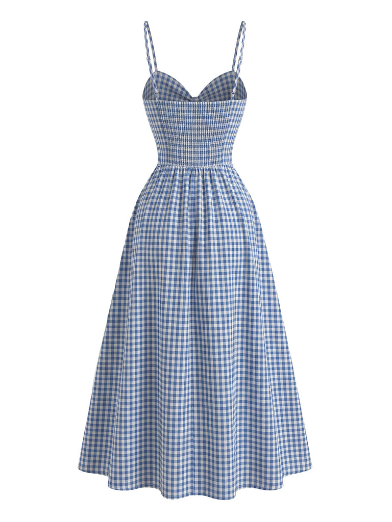 Blue 1950s Vintage Plaid Spaghetti Strap Dress 4