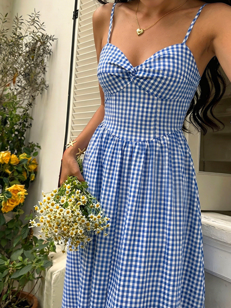 Blue 1950s Vintage Plaid Spaghetti Strap Dress 7