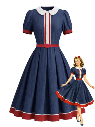 [Pre-Sale] Red Blue White 1940s Ruffle Patchwork Dress
