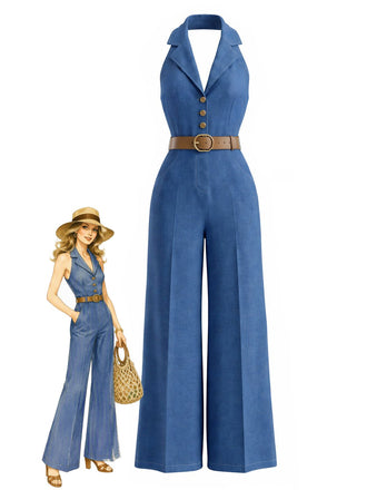 [Pre-Sale] Dark Blue 1970s Lapel Button Front Belted Denim Jumpsuit