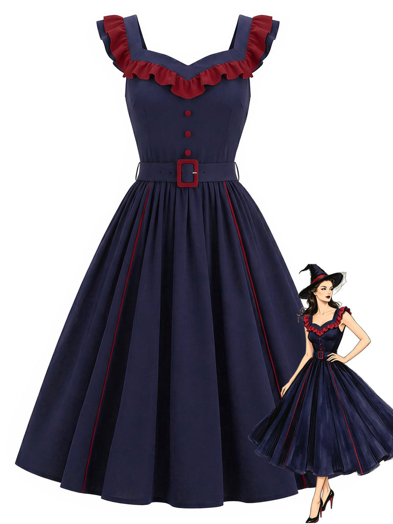 [Pre-Sale] Dark Blue 1950s Ruffle V-Neck Belted A-Line Dress