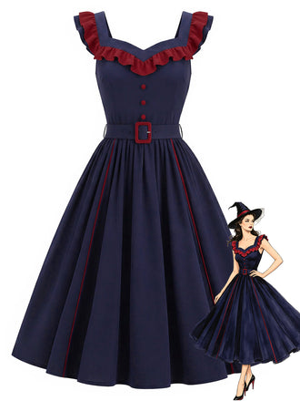 [Pre-Sale] Dark Blue 1980s Ruffle V-Neck Belted A-Line Dress