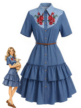 [Pre-Sale] Dark Blue 1960s Floral Denim Dress