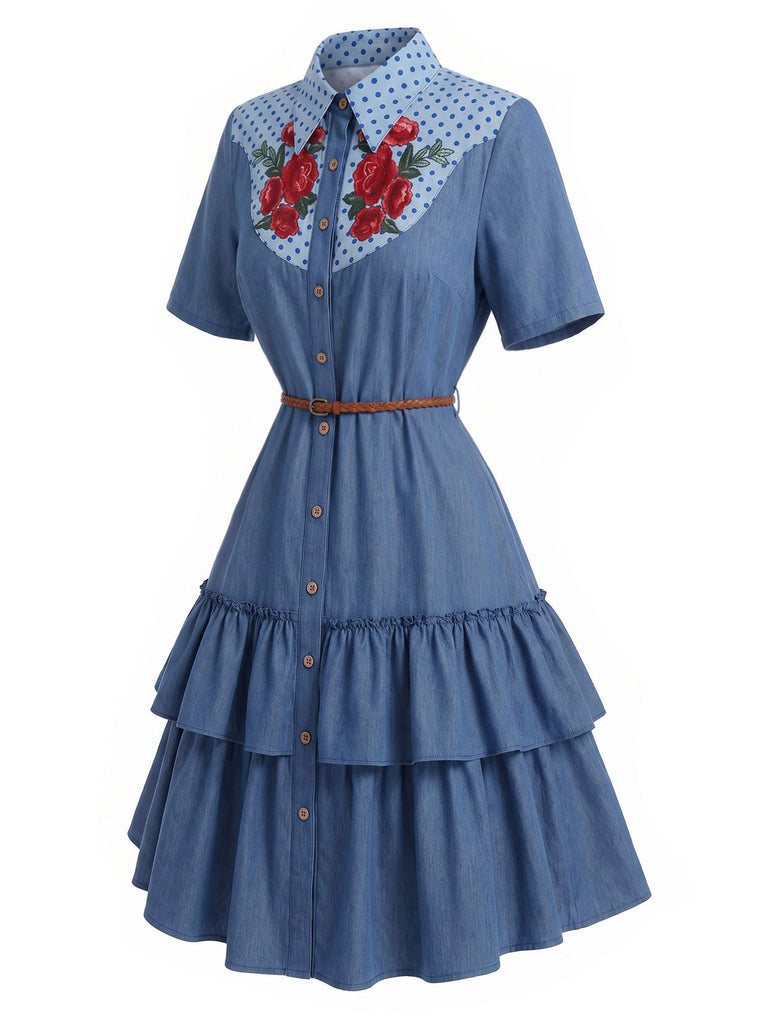 [Pre-Sale] Dark Blue 1960s Floral Denim Dress 4