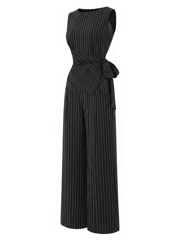 [Pre-Sale] Black 1930s Knit Pinstripe Asymmetric Top & Wide Leg Pants