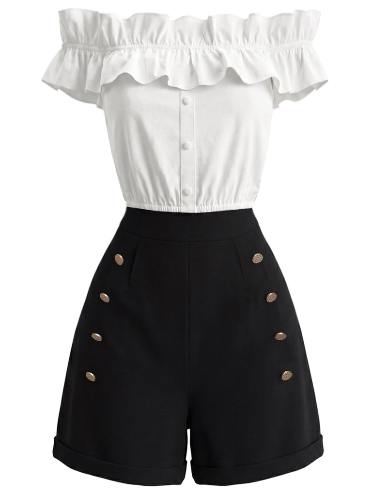 [Pre-Sale] 2PCS 1950s Button Off-Shoulder Ruffle Crop Top & Shorts