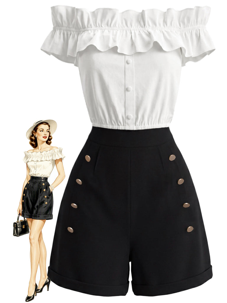 [Pre-Sale] 2PCS 1950s Button Off-Shoulder Ruffle Crop Top & Shorts