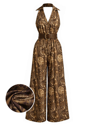 [Pre-Sale] Dark Brown 1970s Floral V Neck Belted Jumpsuit
