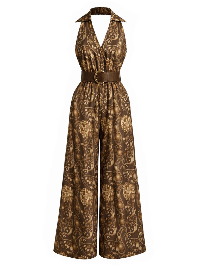 [Pre-Sale] Dark Brown 1970s Floral V Neck Belted Jumpsuit 2
