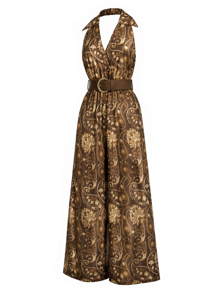 [Pre-Sale] Dark Brown 1970s Floral V Neck Belted Jumpsuit 3