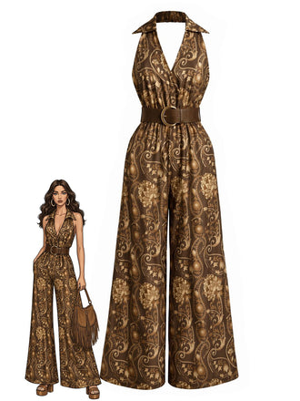 [Pre-Sale] Brown 1970s Boho Floral Halter V-Neck Belted Jumpsuit