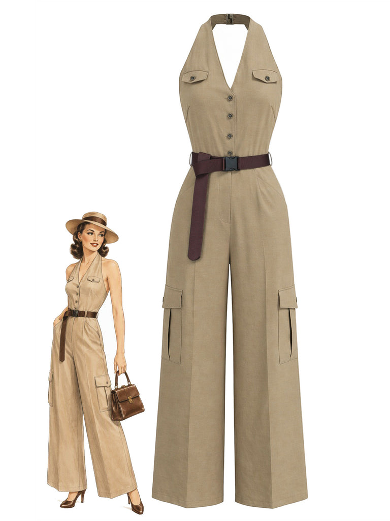 [Pre-Sale] Light Coffee 1940s V Neck Jumpsuit