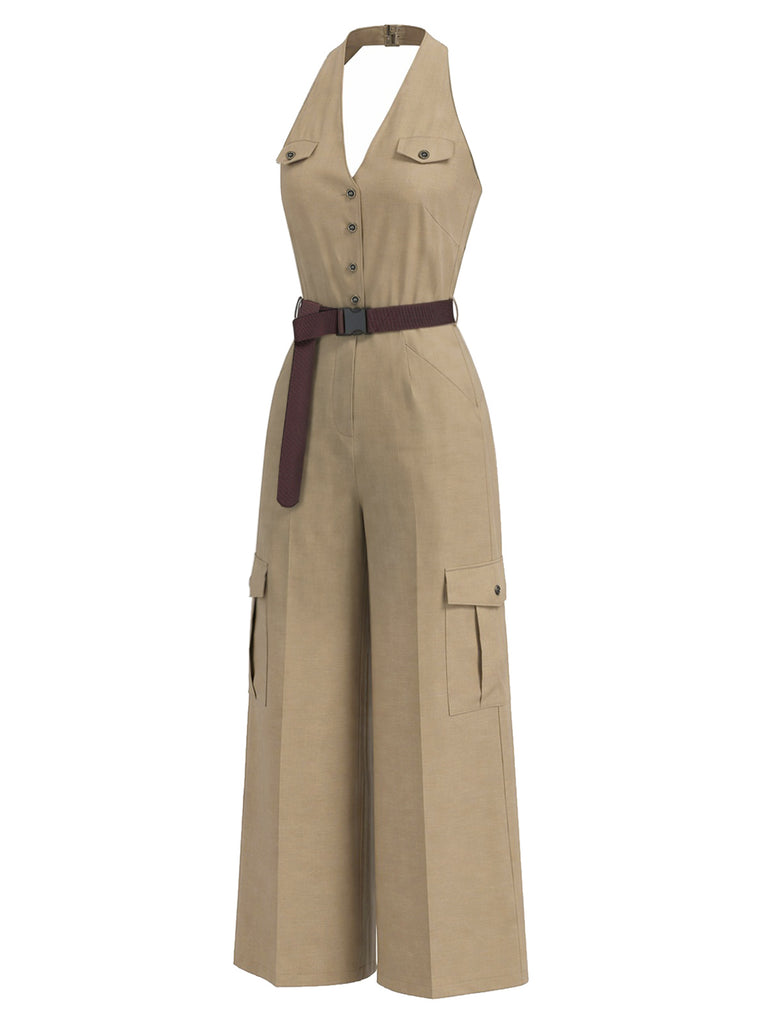 [Pre-Sale] Light Coffee 1940s V Neck Jumpsuit 4