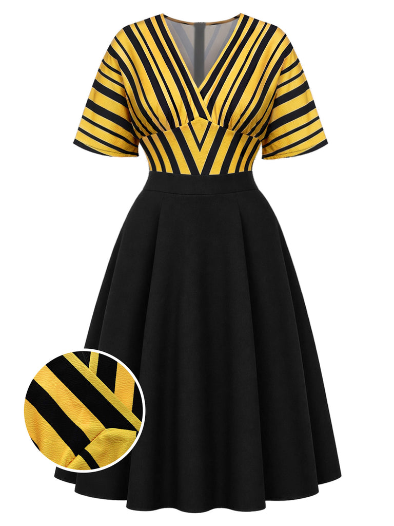 [Pre-Sale] Plus Size Bgo 1960s Floral V Neck Striped Dress