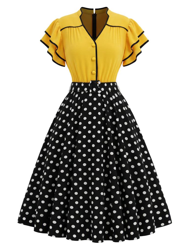 [Pre-Sale] Yellow Black 1960s Polka Dot Ruffle Patchwork Dress 2