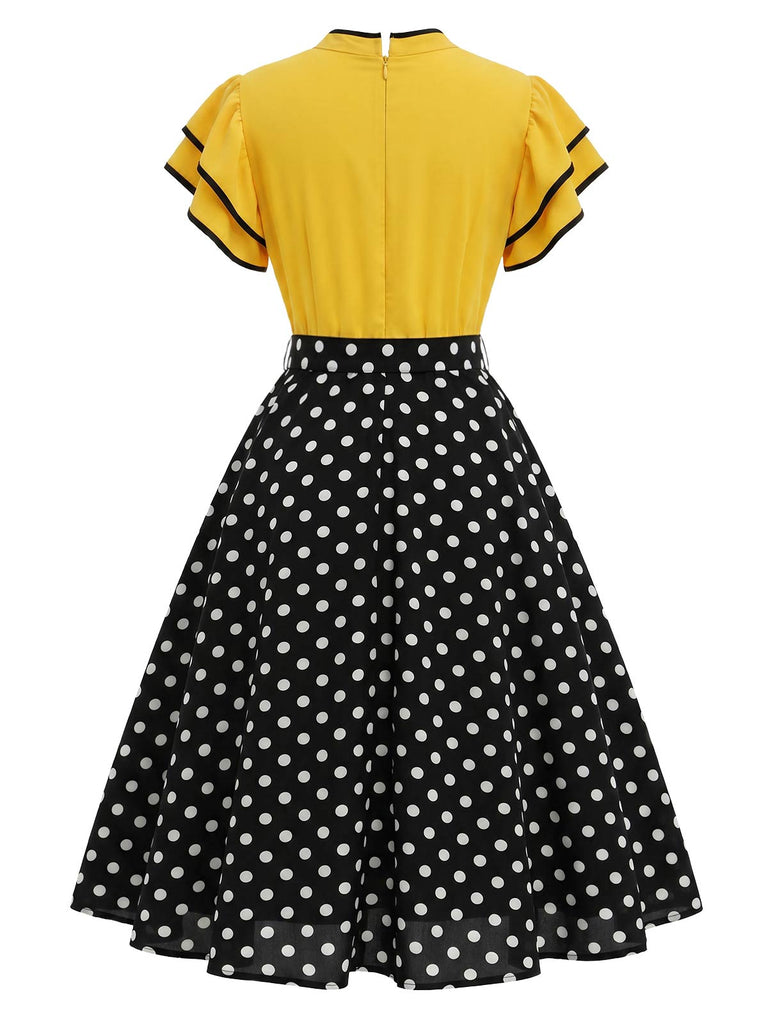 [Pre-Sale] Yellow Black 1960s Polka Dot Ruffle Patchwork Dress 4