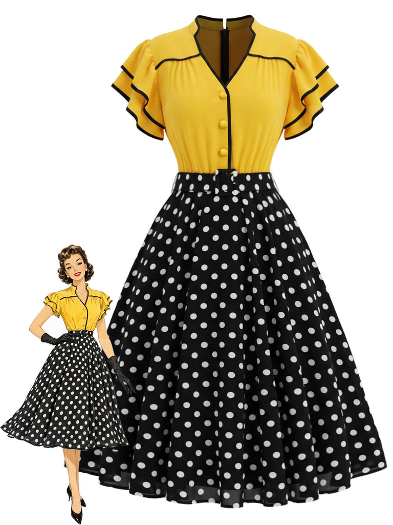 [Pre-Sale] Yellow Black 1960s Polka Dot Ruffle Patchwork Dress 8