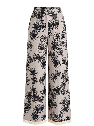 1940s Floral Fringe Hem Wide-Leg Pants