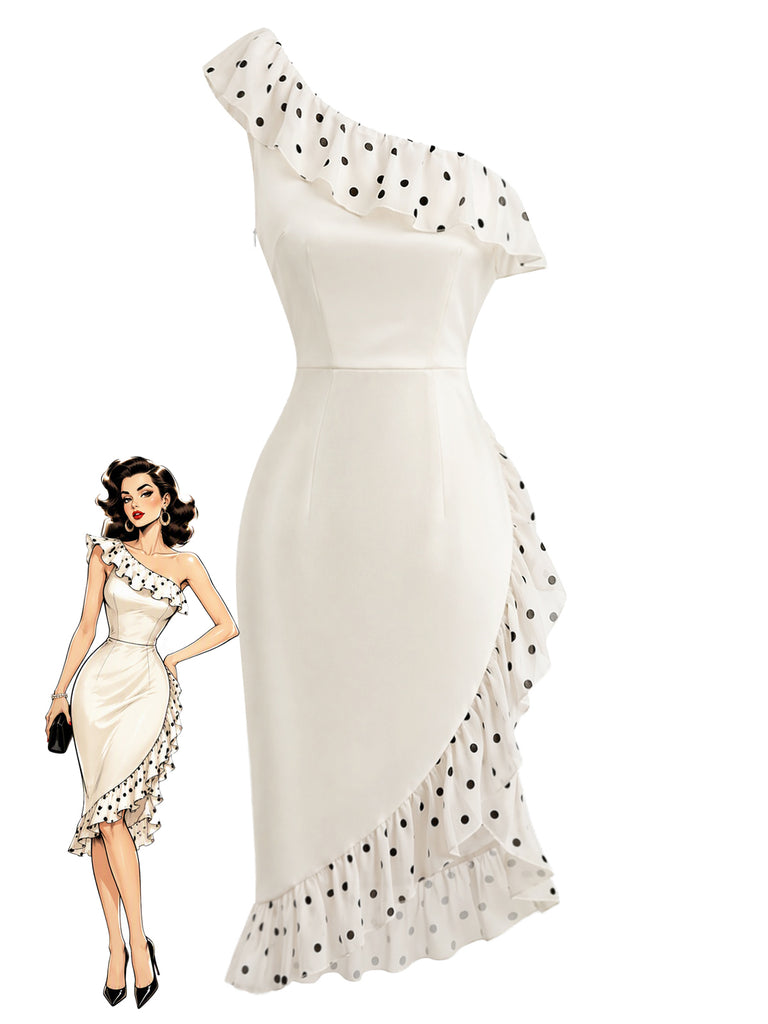[Pre-Sale] Cream 1960s Polka Dot Ruffle One Shoulder Asymmetrical Dress